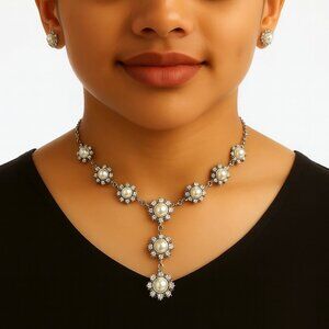 RSVP Silver Pearl Floral Design Crystal Necklace w/ Matching Earrings Jewelry